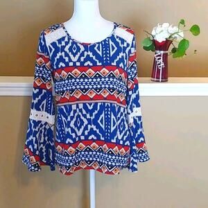 Pink Owl Top Crochet Bell Sleeves Geometrical Print Asymmetrical Small